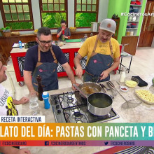 Pasta corta con crema, hongos, panceta y brocoli