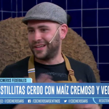 CERDO, MAÍZ CREMOSO Y HORTALIZAS DE PRIMAVERA